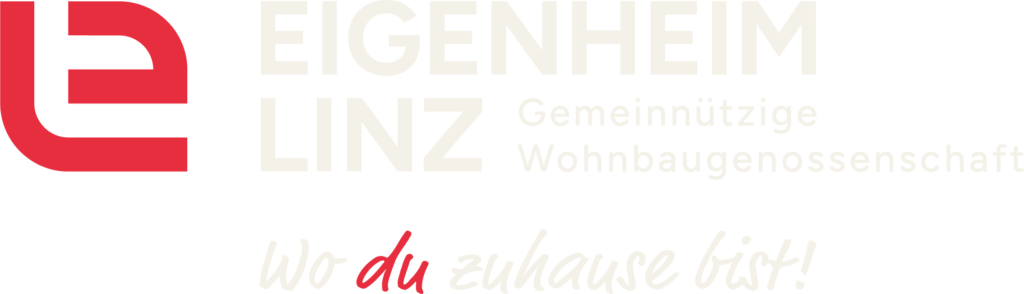 Das Logo der Eigeheim Linz mit einem großen "e" und dem Slogan "Wo du zuhause bist"